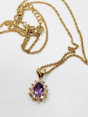 Gold Tone Lavender Teardrop Halo Pendant Necklace